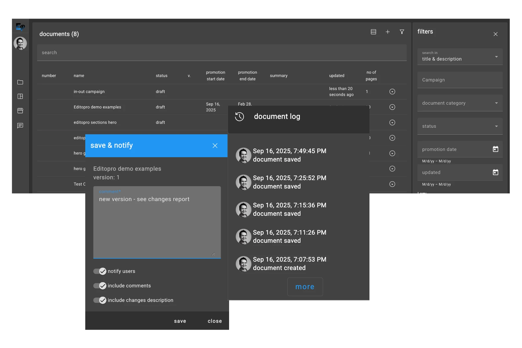 Document version history panel