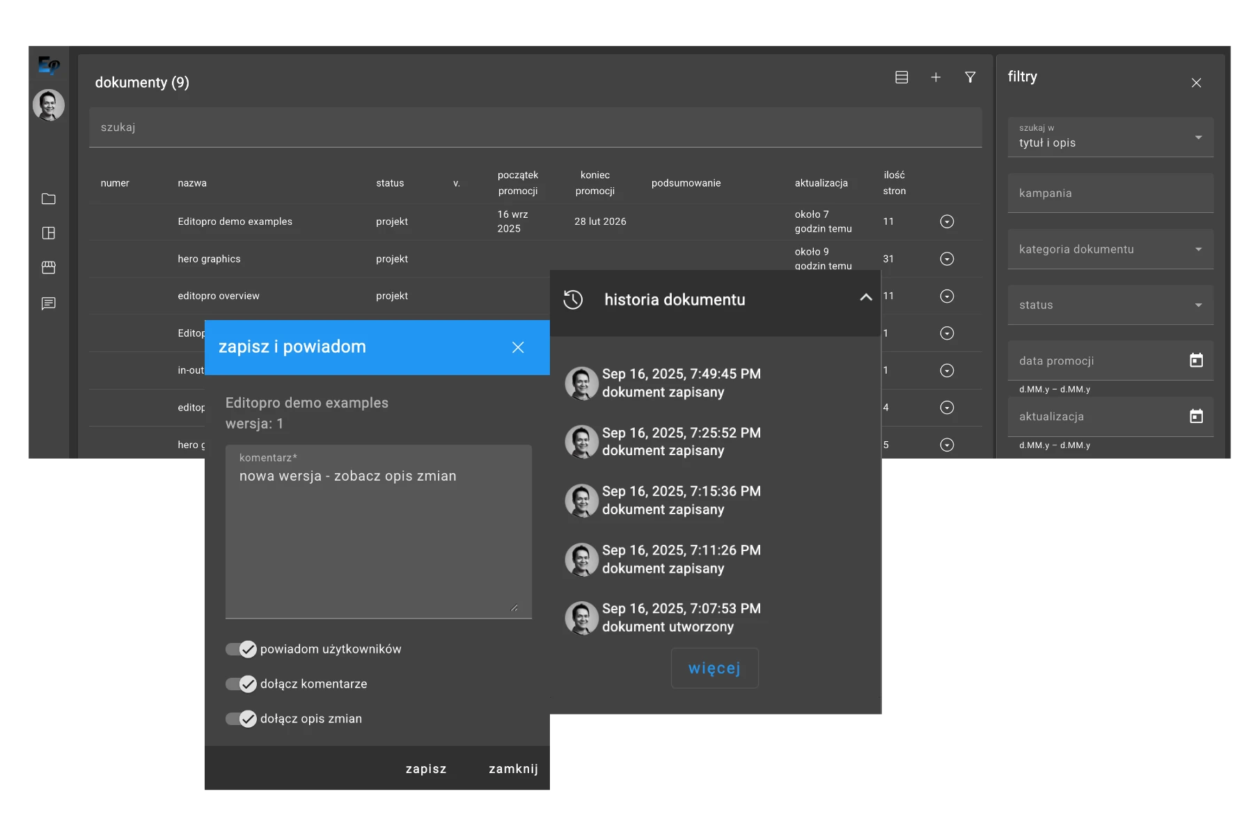 Panel historii wersji dokumentu