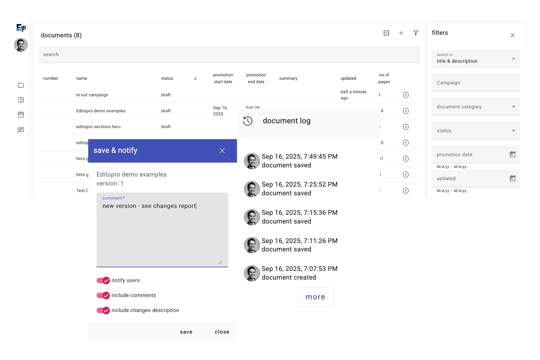 Document version history panel