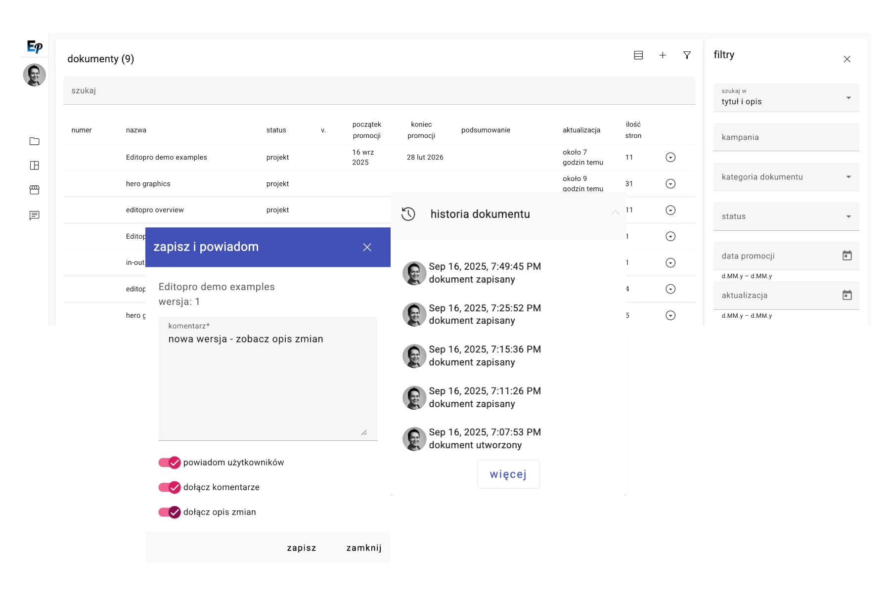 Panel historii wersji dokumentu