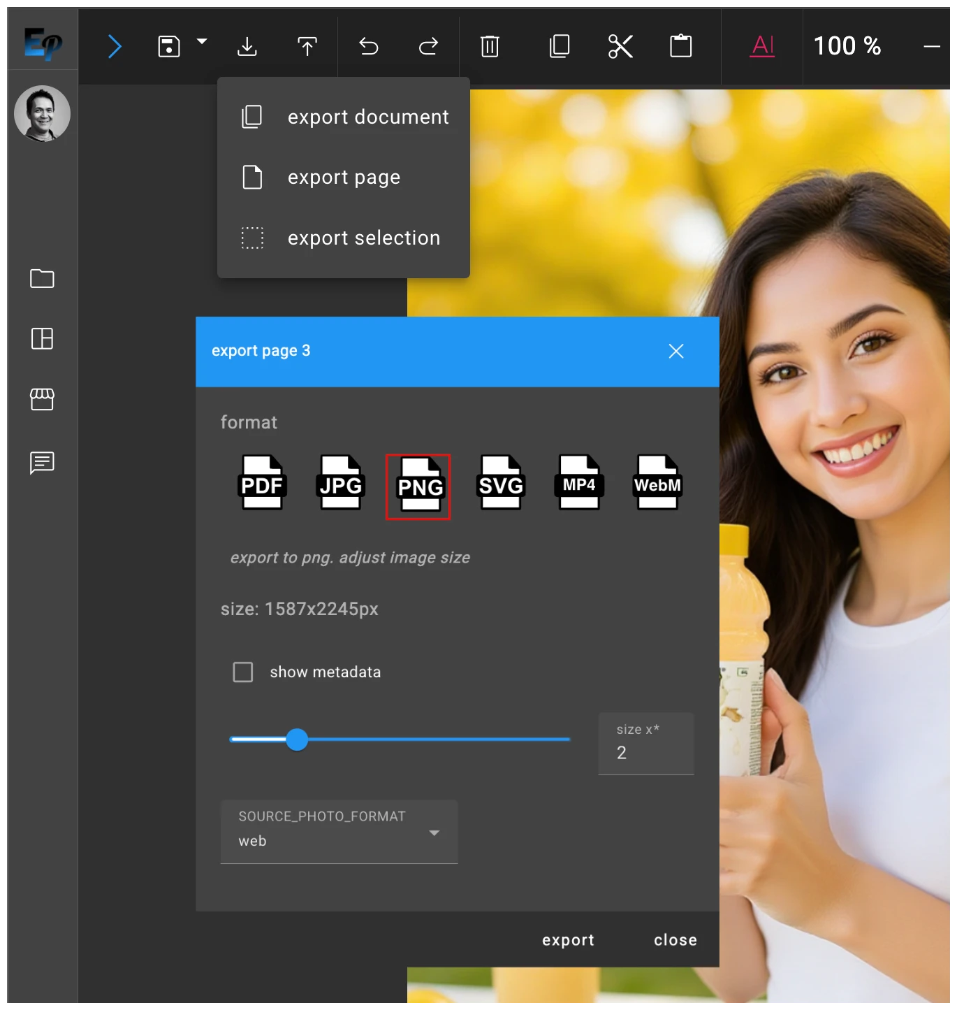 Export dialog with multiple format options