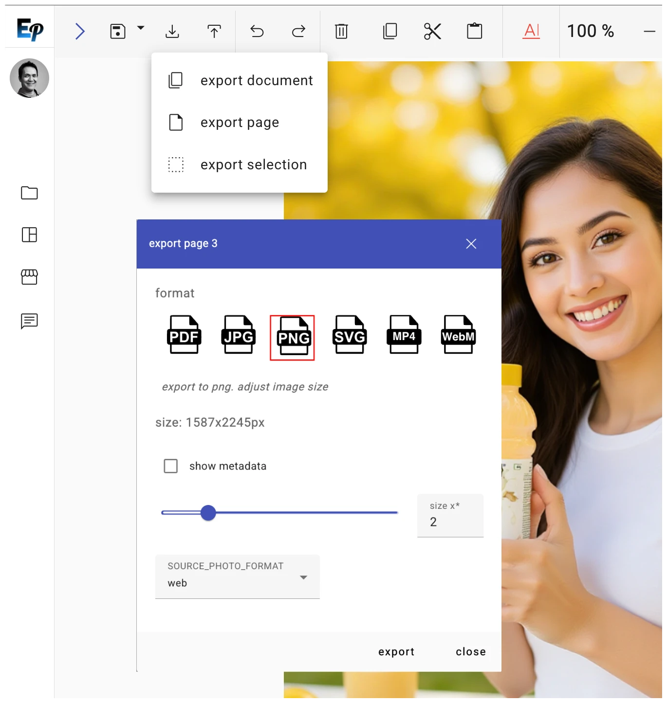 Export dialog with multiple format options