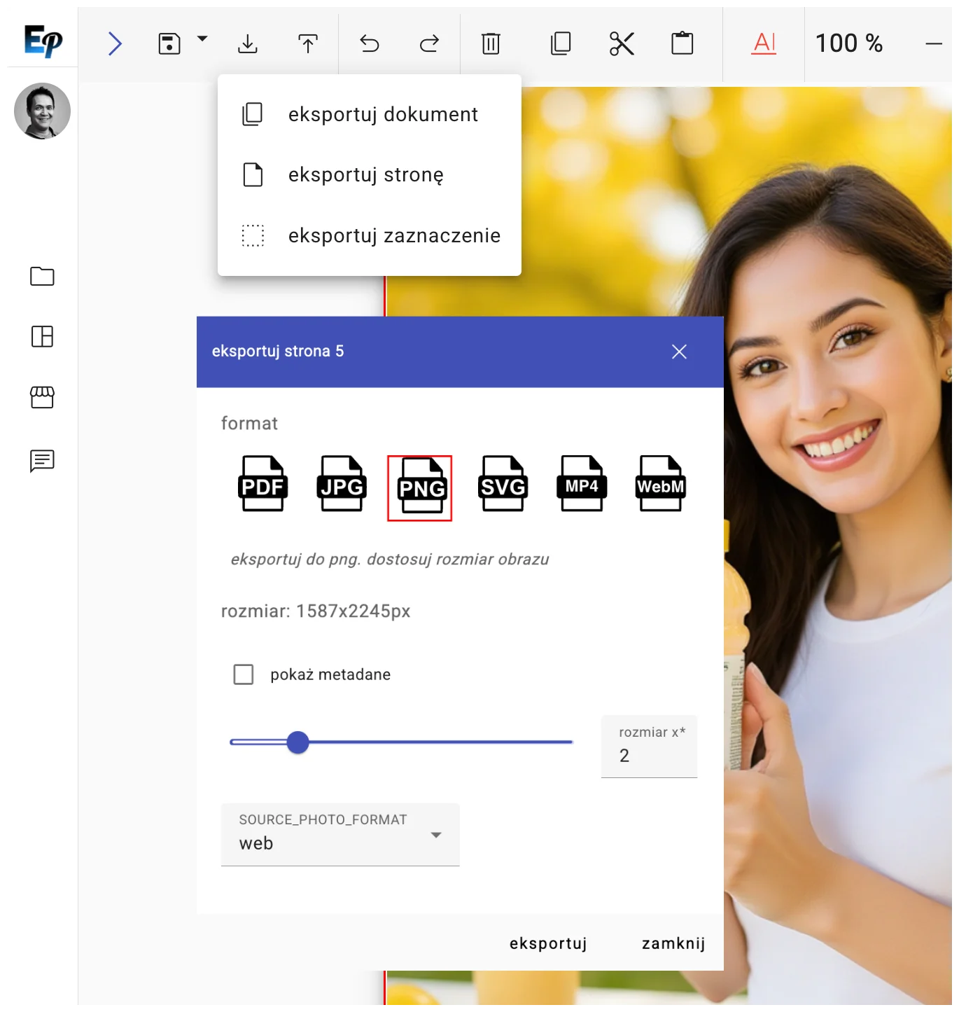 Dialog eksportu z wieloma opcjami formatów