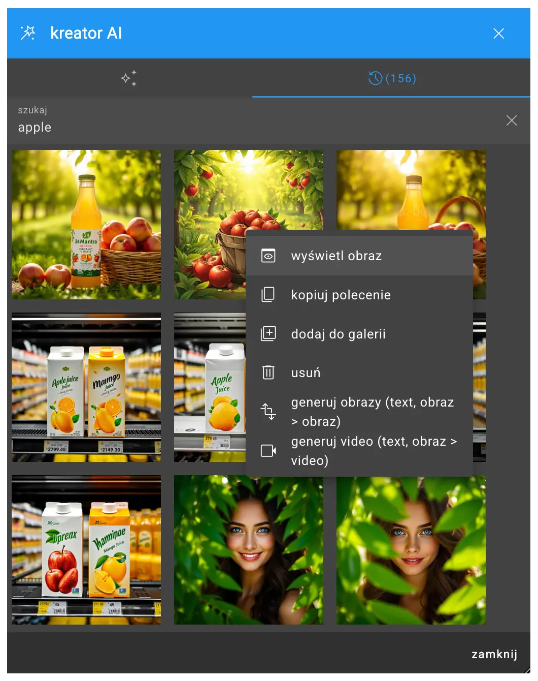 Kolaż obrazów demonstrujący funkcje AI, takie jak oryginalny obraz obok kilku wariantów wygenerowanych przez AI oraz polecenie tekstowe przekształcające się w obraz.