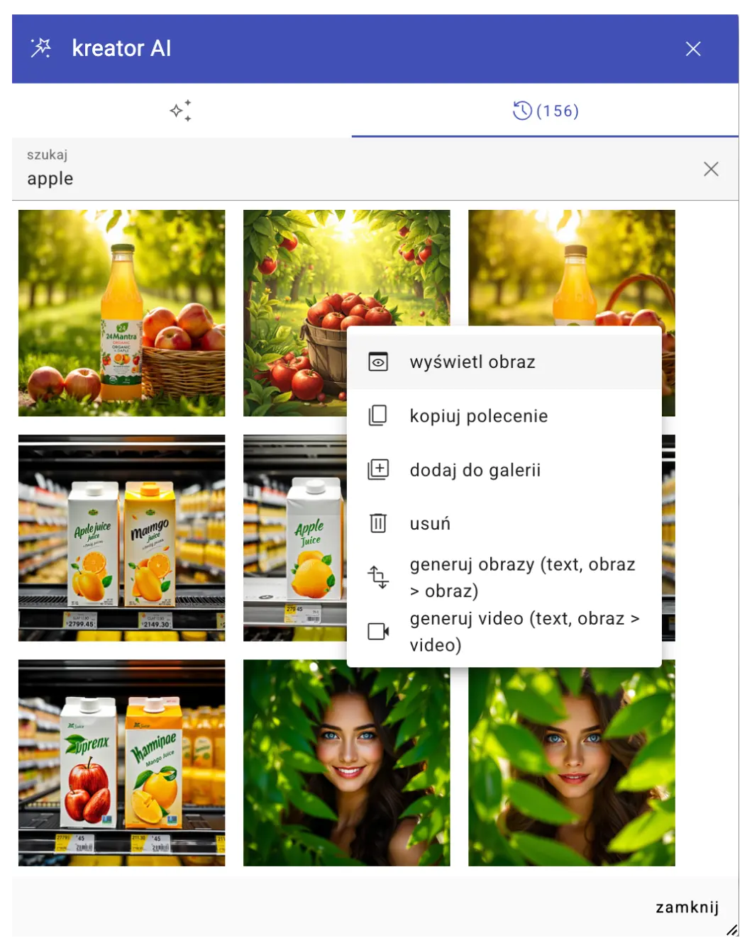 Kolaż obrazów demonstrujący funkcje AI, takie jak oryginalny obraz obok kilku wariantów wygenerowanych przez AI oraz polecenie tekstowe przekształcające się w obraz.
