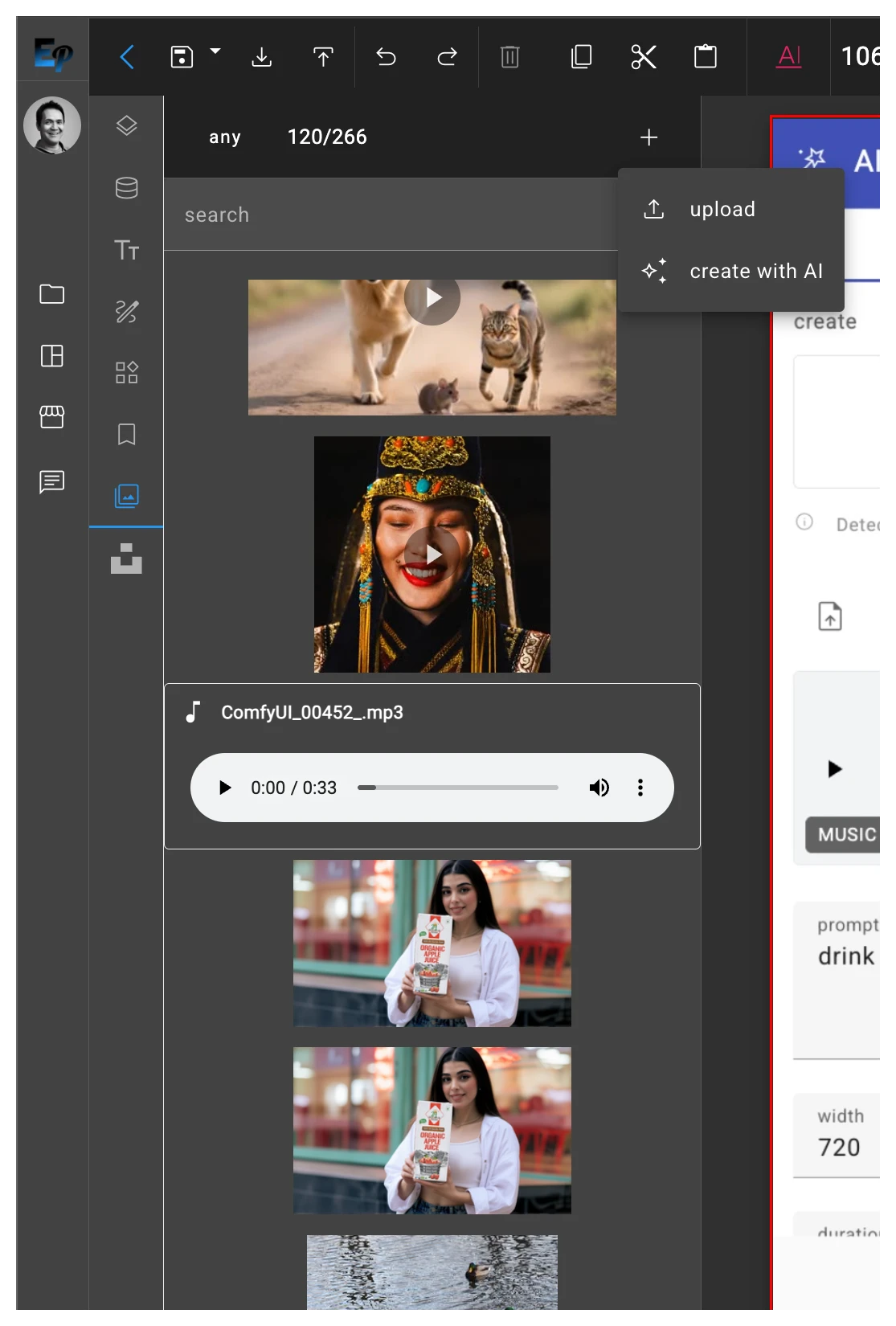 A clean, organized dashboard view of the Media Library, showcasing a variety of assets like images, videos, and audio files.