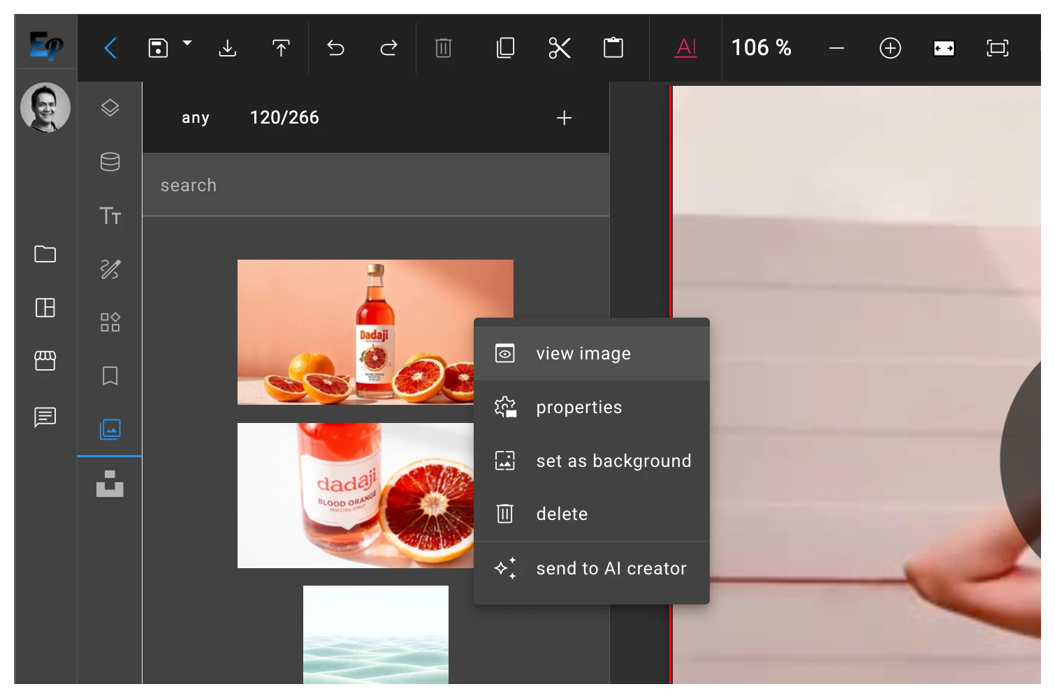A split-screen view showing the Media Library on one side and the EditoPro editor on the other, with a user dragging an image from the library into their project.