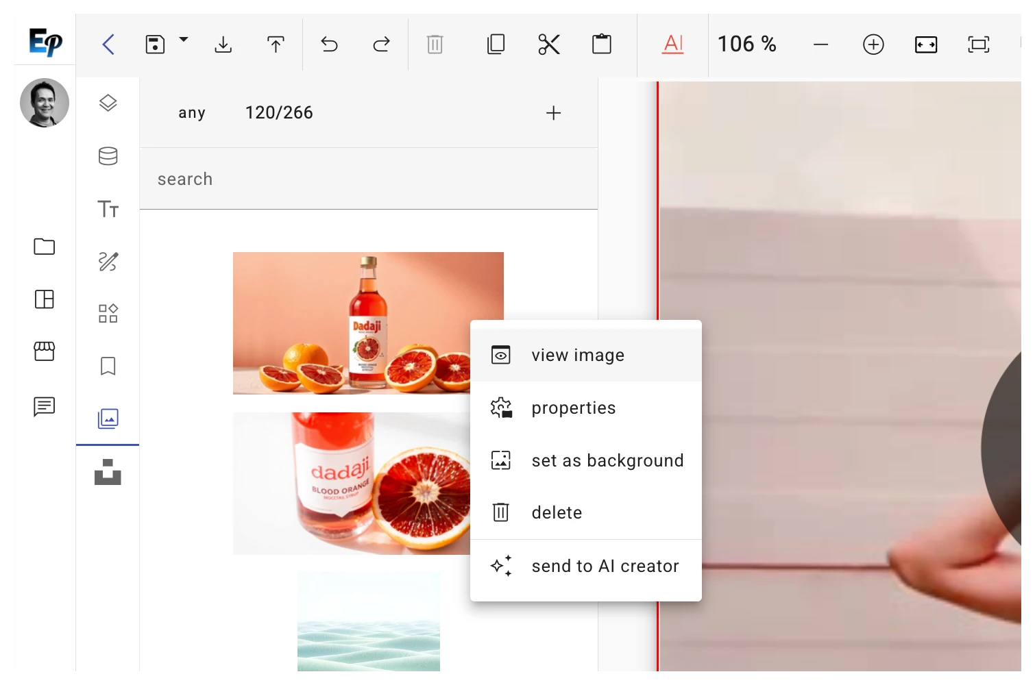 A split-screen view showing the Media Library on one side and the EditoPro editor on the other, with a user dragging an image from the library into their project.