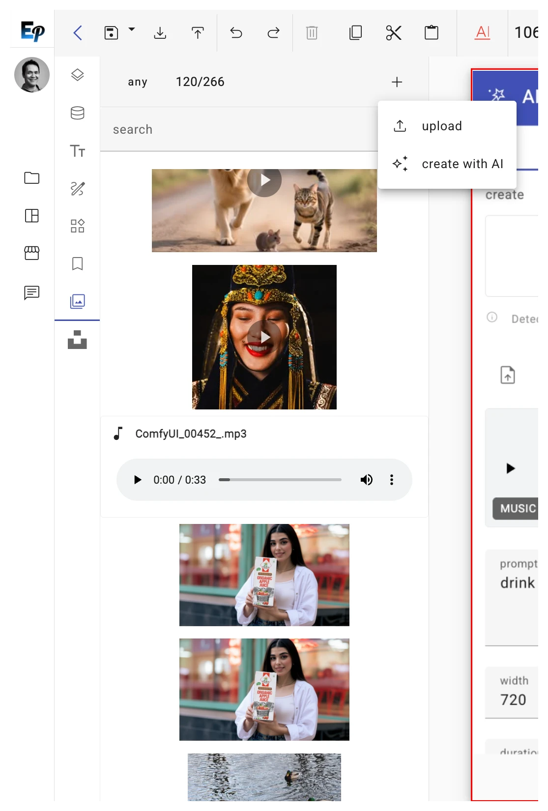 A clean, organized dashboard view of the Media Library, showcasing a variety of assets like images, videos, and audio files.